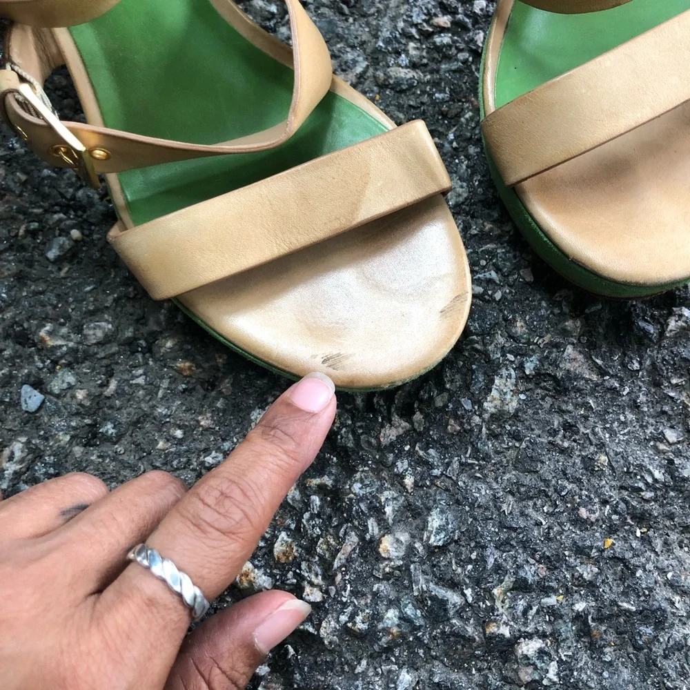 kate spade Green and Tan Suede Leather Block Heel Sandals